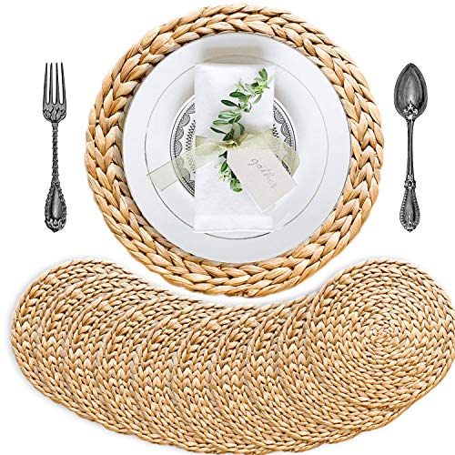 Image of Woven Placemats Set of 10, Table Mats Set of 10, Water Hyacinth Round Placemats for Round Table, Chargers for Dinner Plates, Wicker Chargers for Dinner Plates, Woven Placemat, Place Mats 13.4 in