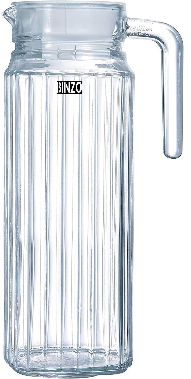 BINZO Glass Jug, Pitcher with Handle & Lid, Drinking Beverage Jug for Water, Juice, Beverages, Serving or Storage for Fridge, Kitchen, Dining Table, 1 Litre/1000 ml (Style No. 1 Pack of 1) Clear 3