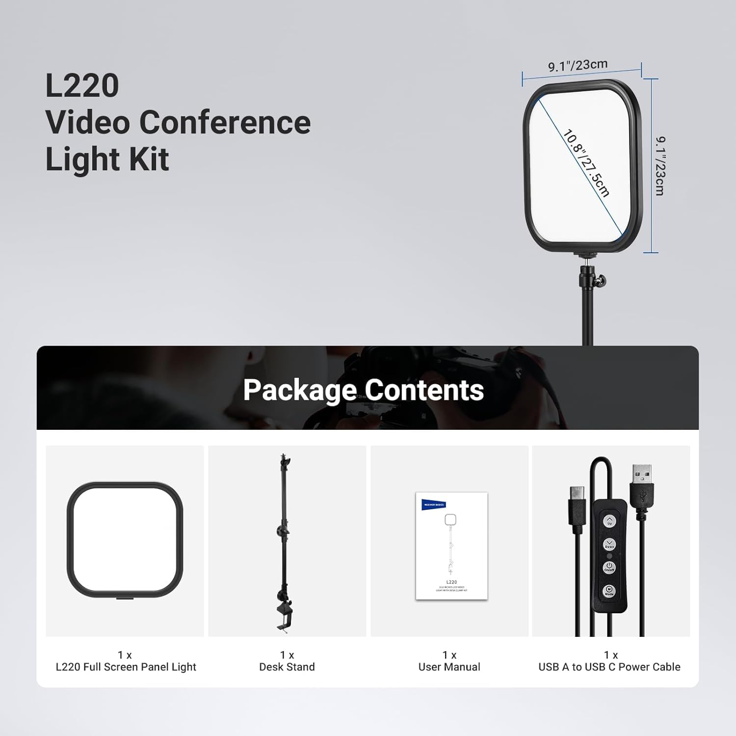 NEEWER Basics 10,8" oświetlenie punktowe do wideokonferencji z uchwytem biurkowym, 15 W dwukolorowa krawędź Lit Full Screen Ściemnialne światło CRI95+ do nagrywania wideo, laptopa, kamery internetowej
