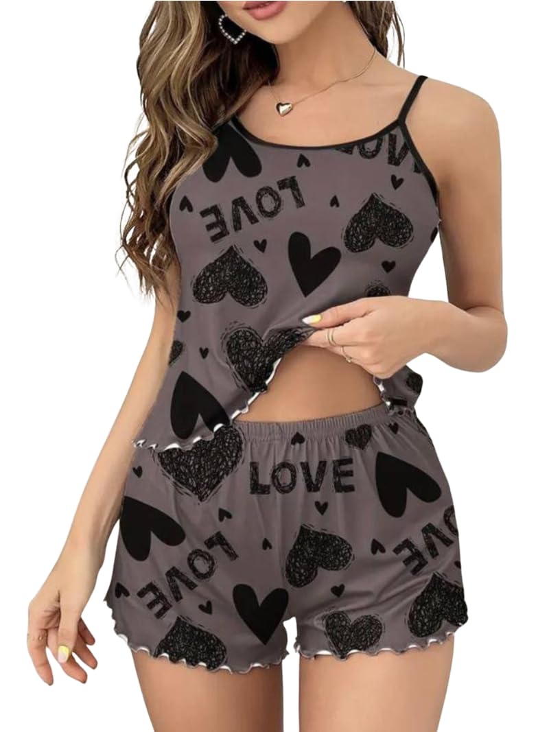 Women's Grey Heart Print Satin Cami and Shorts Night Suit Set Soft Sleeveless Sleepwear Comfortable Lounge Wear-picture-23