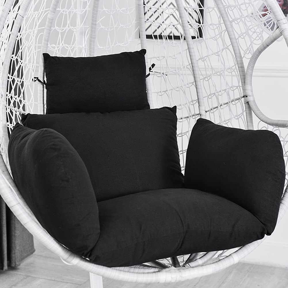 DKIEI Hanging Basket Swing Chair Cushion, Egg Chair Cushion Replacement with Headrest Pillow, Hanging Basket Seat Cushion Hammock with Filling Cotton for Patio Porch Backyard, Black(Cushion Only)