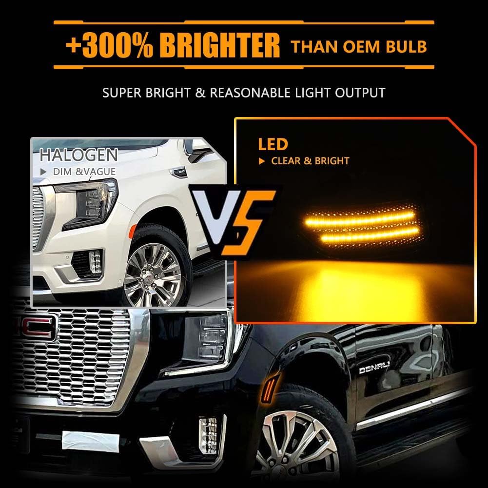 Front Fender LED Side Lights for 2021-2024 Yukon XL Denali Tahoe Suburban Escalade ESV, Smoked Lens Side Bumper Marker Lamps, Amber LED Turn Signal Lights, 2 PCS