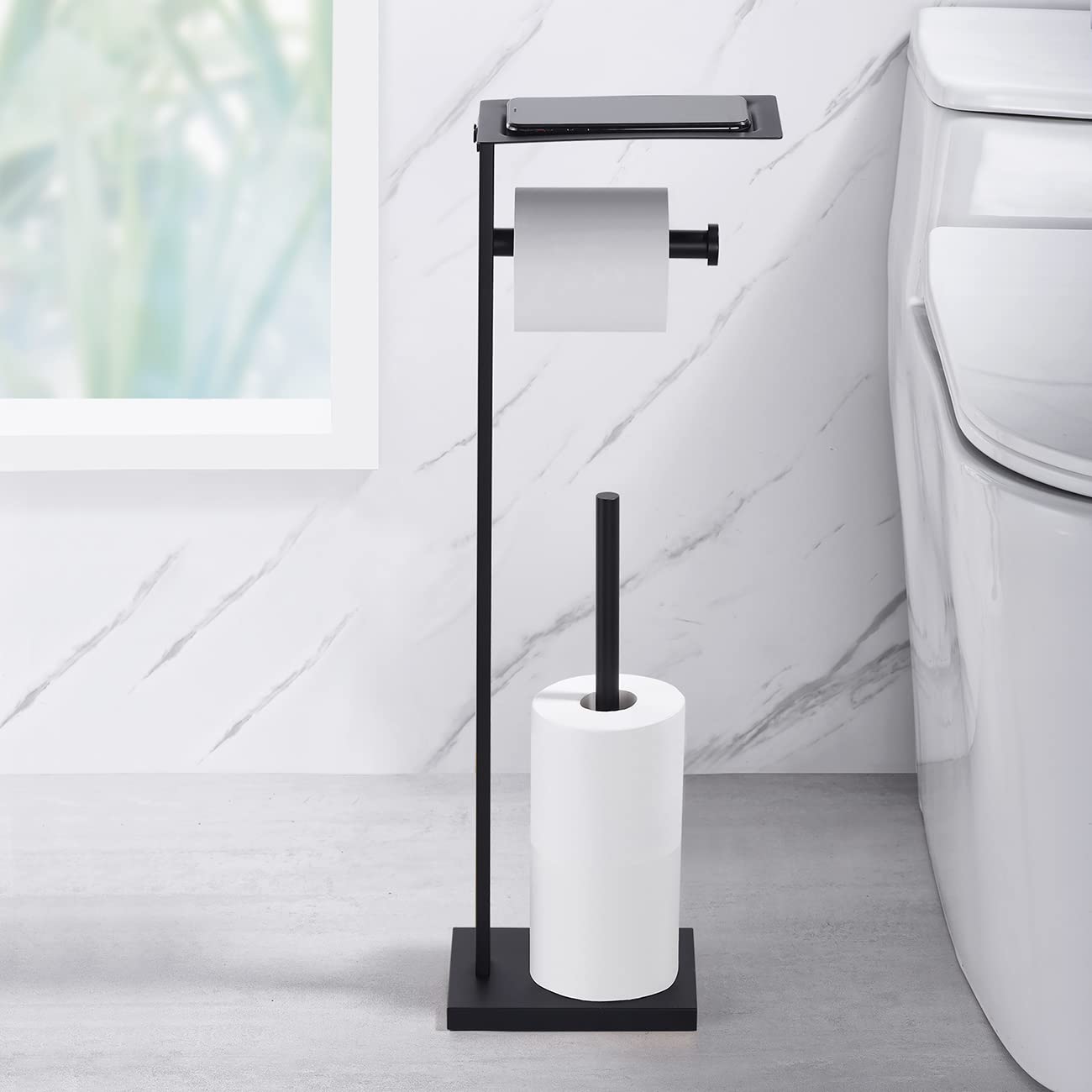 Miyili Portarotolo autoportante nero opaco con mensola, dispenser di carta per asciugamani di carta organizer per bagno stile quadrato, F04B2