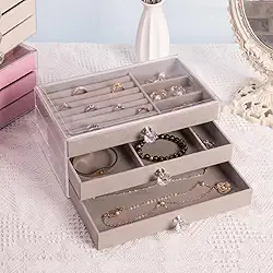 Porta Joias Organizador Acrílico com 3 Gavetas Aveludada e Divisórios (Cinza)