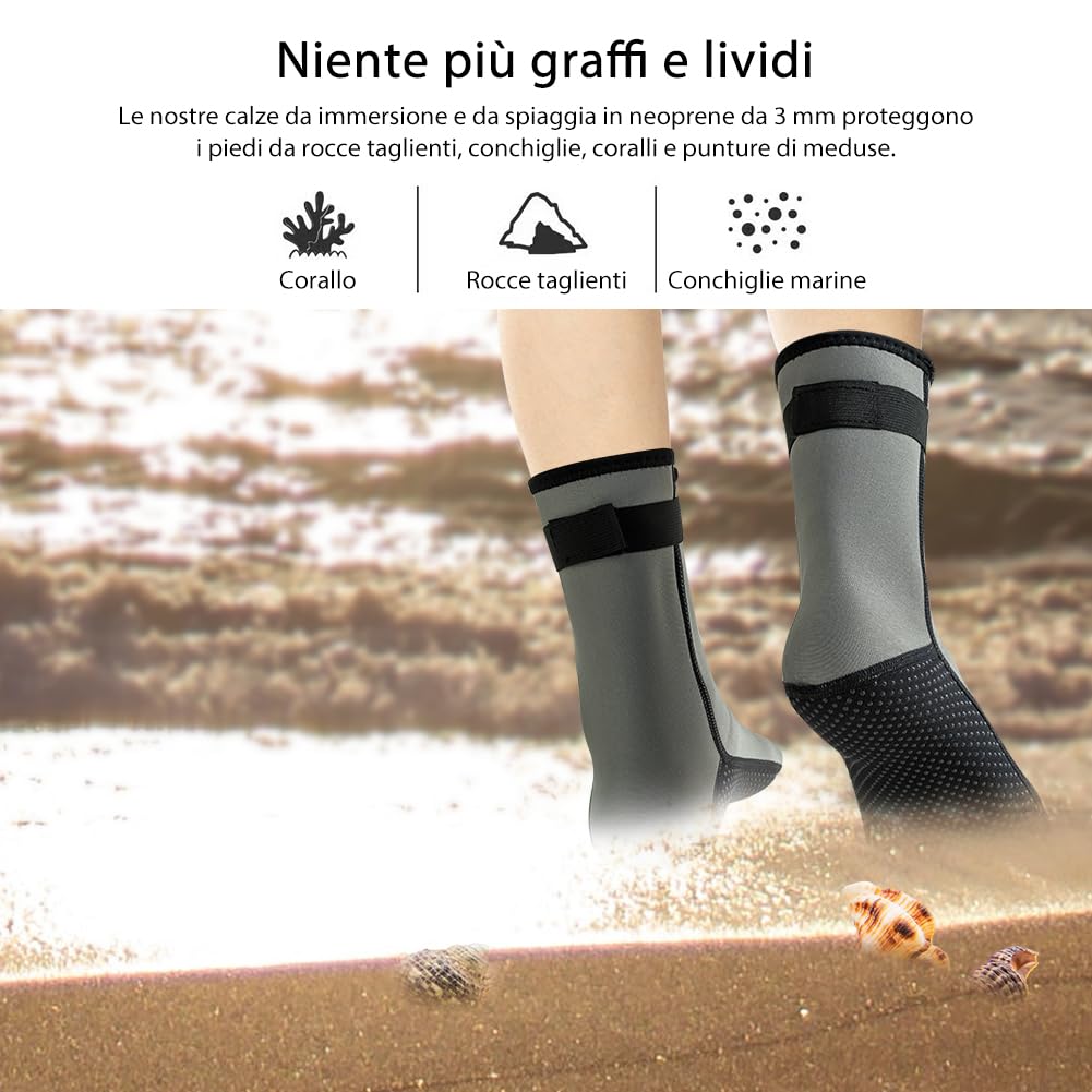 Calzini in Neoprene 3mm,Calzini Immersione Caldi Antiscivolo,Neoprene Socks Resilient con Velcro,Calze termiche Snorkeling,Calzini beach volley nuoto subacquee surf vela kayak