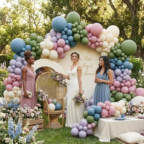 Image of Blue Green Pink Balloon Garland Double Stuffed Sage Green Dusty Blue Pink Purple Lavender Balloons Pastel Balloon Arch Kit for Birthday Baby Shower Gender Reveal Flower Tea Party Decorations