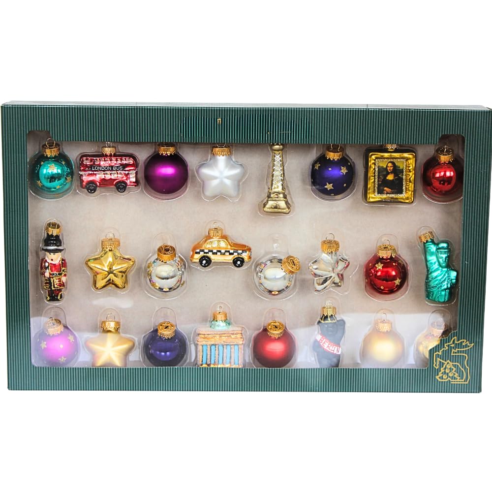 Dekohelden24 Lauschaer Lauscha Christmas Tree Decorations Set of 24 Glass Baubles Glass Ornaments World Travel Tree Decoration for Filling Advent Calendar Size 3 cm Each Ornament