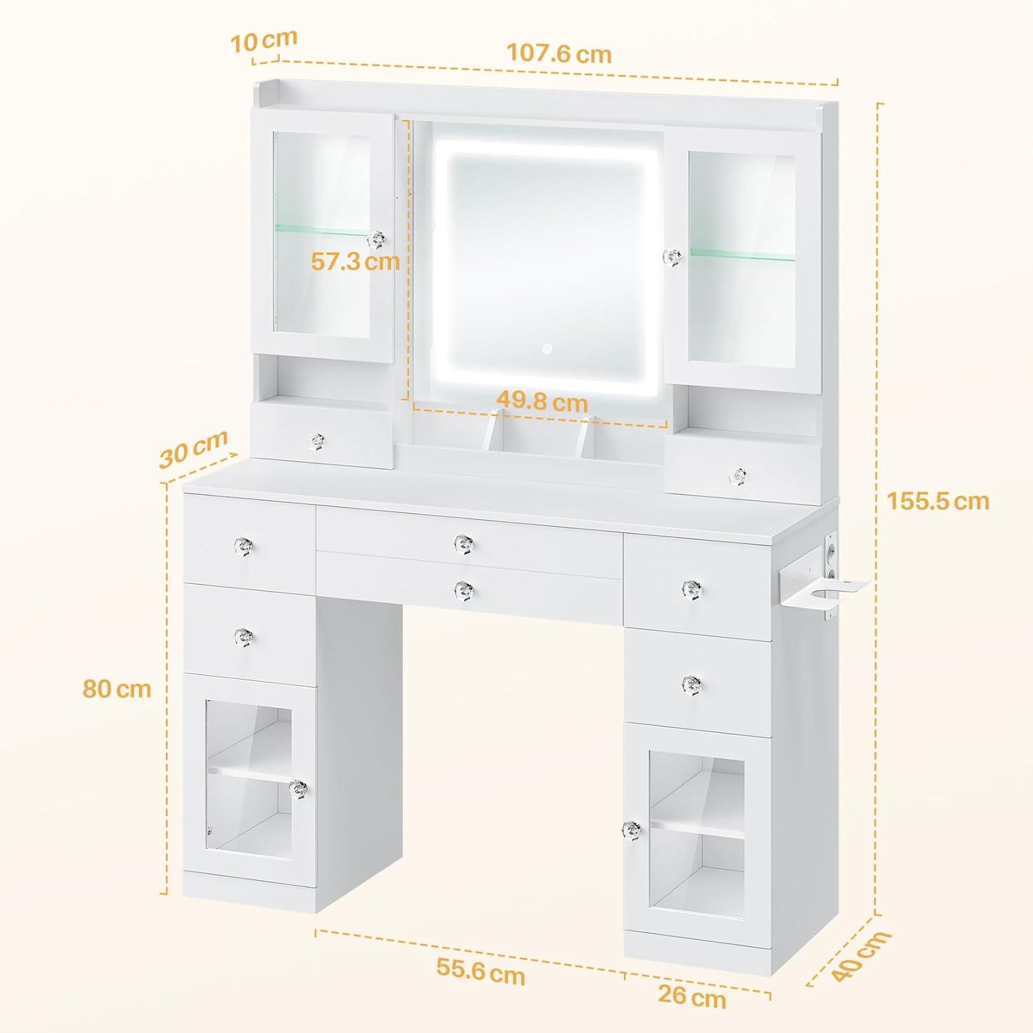 Dripex Dressing Table, Vanity Desk with LED Lights Mirror and Power Outlet, Adjustable Brightness, Makeup Desk with 4 Show Cabinets, 7 Drawers, 5 Open Storage Areas and Hairdryer Holder, for Bedroom