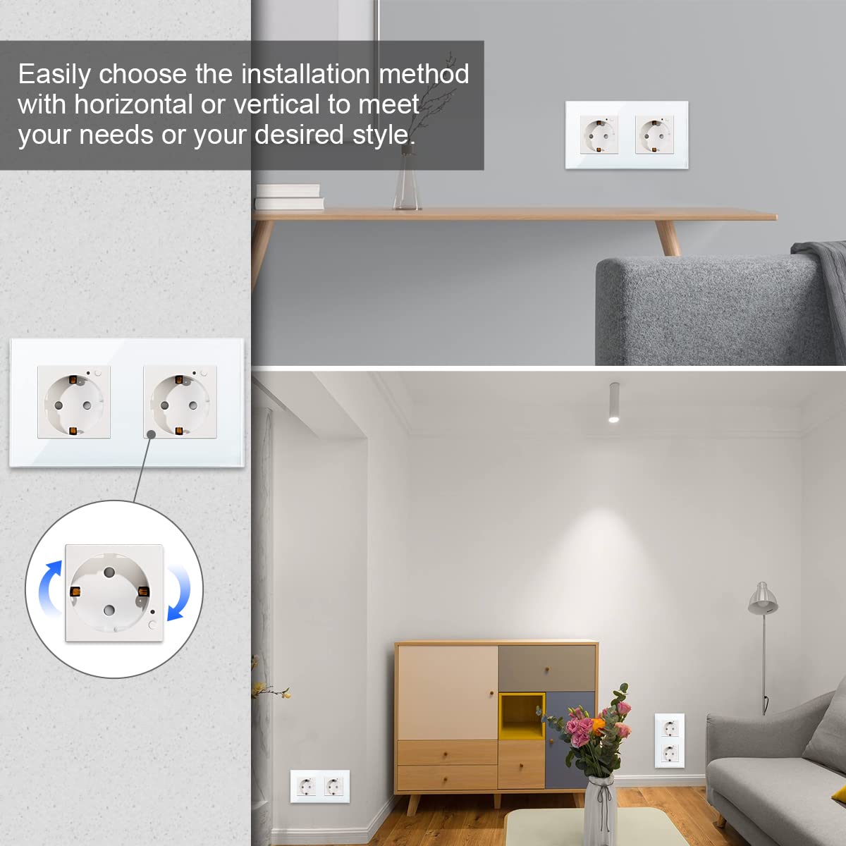 CNBINGO Prise Schuko Wi-Fi encastrée avec mesure de courant, 16 A, en verre, fonctionne avec Alexa (Echo, Echo Dot), Google Assistant, WiFi 2,4 GHz uniquement, 2 compartiments, blanc, 1 pièce