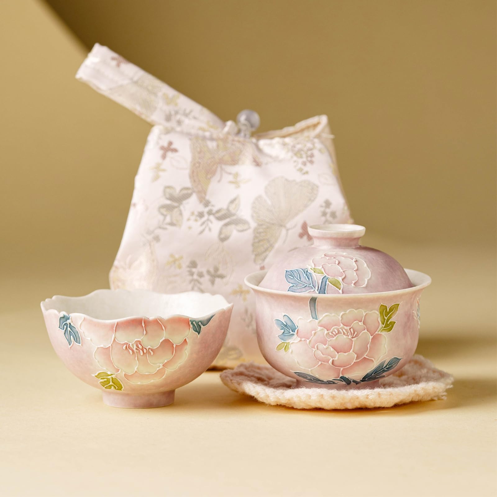 110 ml malowana piwonia dielianhua ceramiczny zestaw do herbaty na zewnątrz z kamerą - podróżny zestaw do herbaty [pakiet tkanin brokatowych] -110 ml