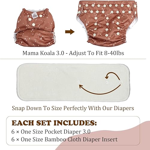 Miniatura 2 de Mama Koala Pañales de tela 3.0 para bebés con forro AWJ, paquete de 6 con 12 insertos de pañales de tela de bambú de 5 capas (sin microfibra),