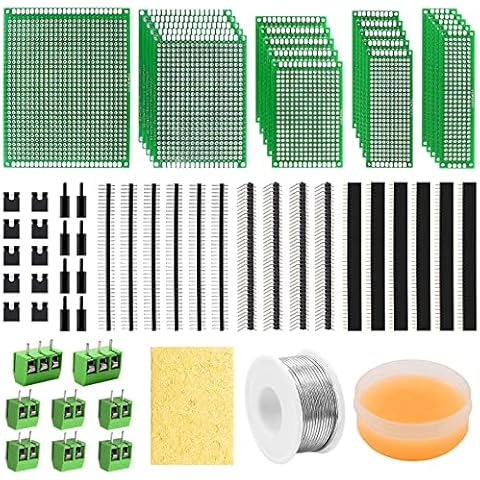 Tnisesm PCB Board Prototype Kits, Circuit Solder Double Side Board with 40 Pin 2.54 mm Male to Female Headers Connector, 2P&3P Screw Terminal Block, Solder Flux, Solder Wire for Electronic Projects Cover