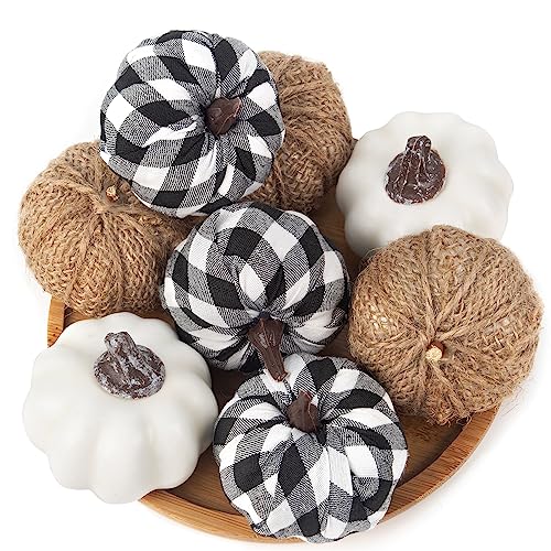 DomeStar 8PCS Pumpkins Decorations, Fake Faux Foam Fabric Black and White Pumpkins for Decorating Fall Harvest Farmhouse Halloween Thanksgiving Table Centerpieces Decor