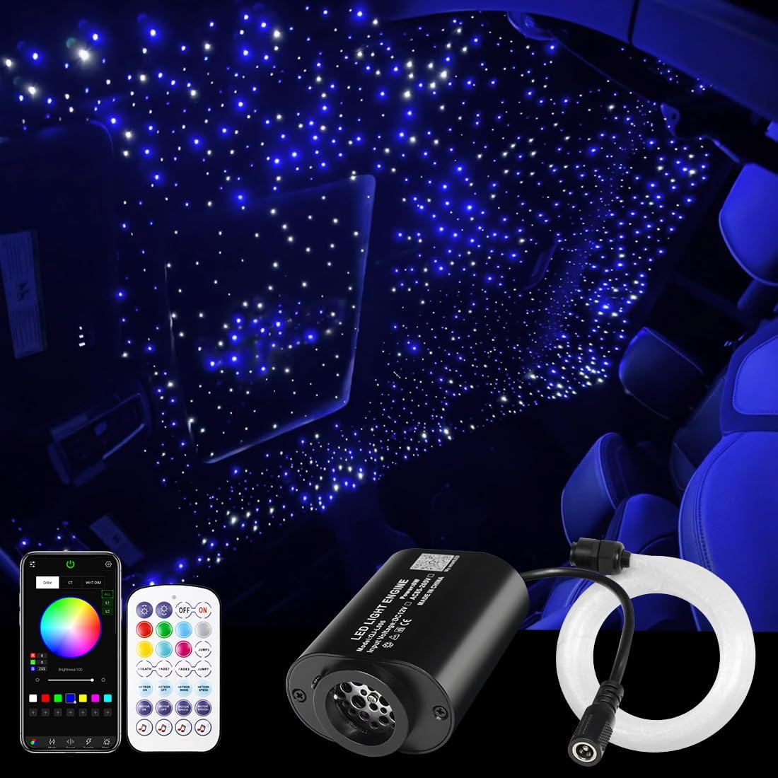 AMKI Mini 6W Starlight Headliner Kit 350pcs 0.03in 6.5ft,Twinkle+Sound Activated Fiber Optic Light 4Lamp Beam Starlight Box APP/Remote Control for Car Home Star Ceiling Decoration