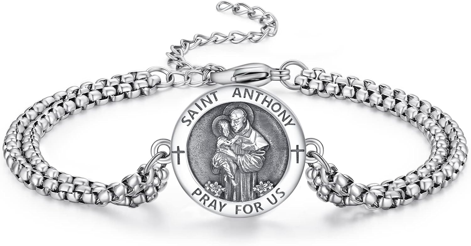 ADMETUS 925 Sterling Silver Patron Saint Bracelets | Amulet Protection Jewelry for Men with Double 7"+2" Rolo Chain