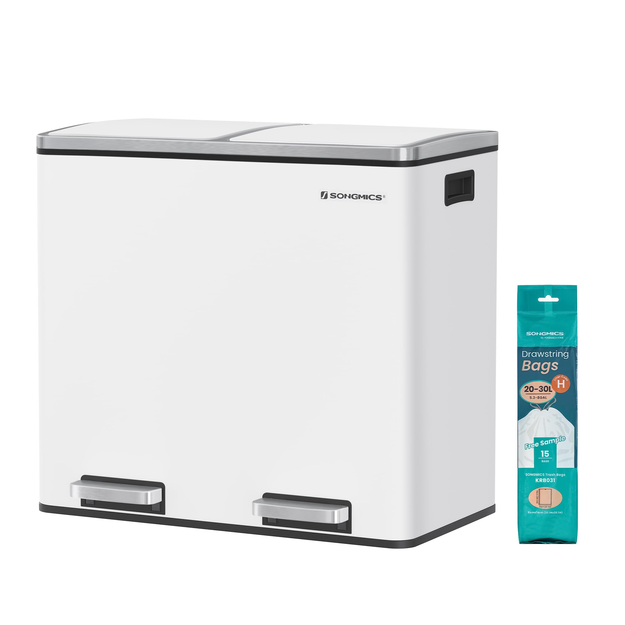 SONGMICS Dual Rubbish Bin, Metal Recycling Bin with 15 Rubbish Bags, 2-Compartment, with Lids, Pedals, Plastic Inner Buckets, Soft Closure, 2 x 6.3 Gallons (2 x 24 L), White LTB48WT