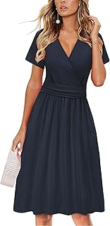 OUGES Women's Summer Short Sleeve V-Neck Floral Short Party Dress with Pockets - Buy now