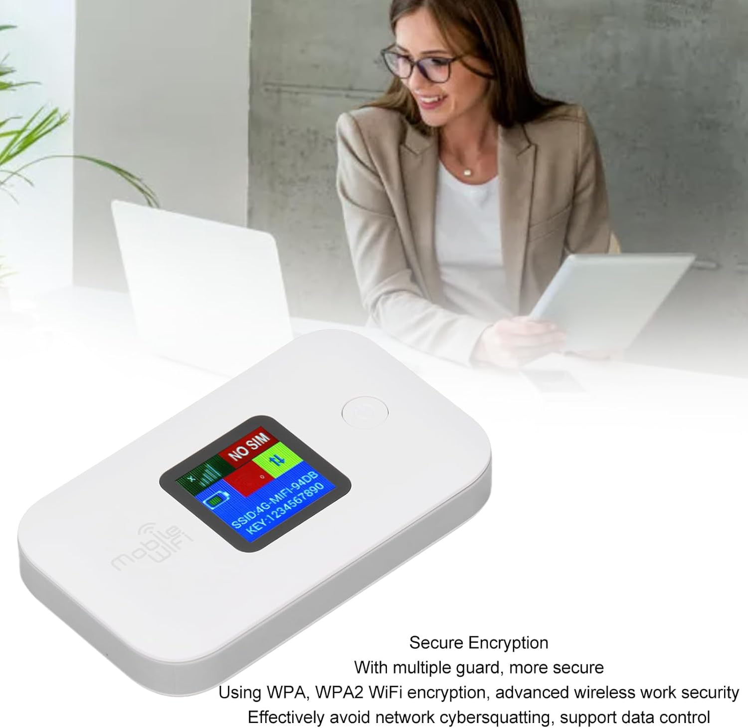 Close-up of the Elprico 4G Portable WiFi Hotspot, emphasizing its secure encryption features.