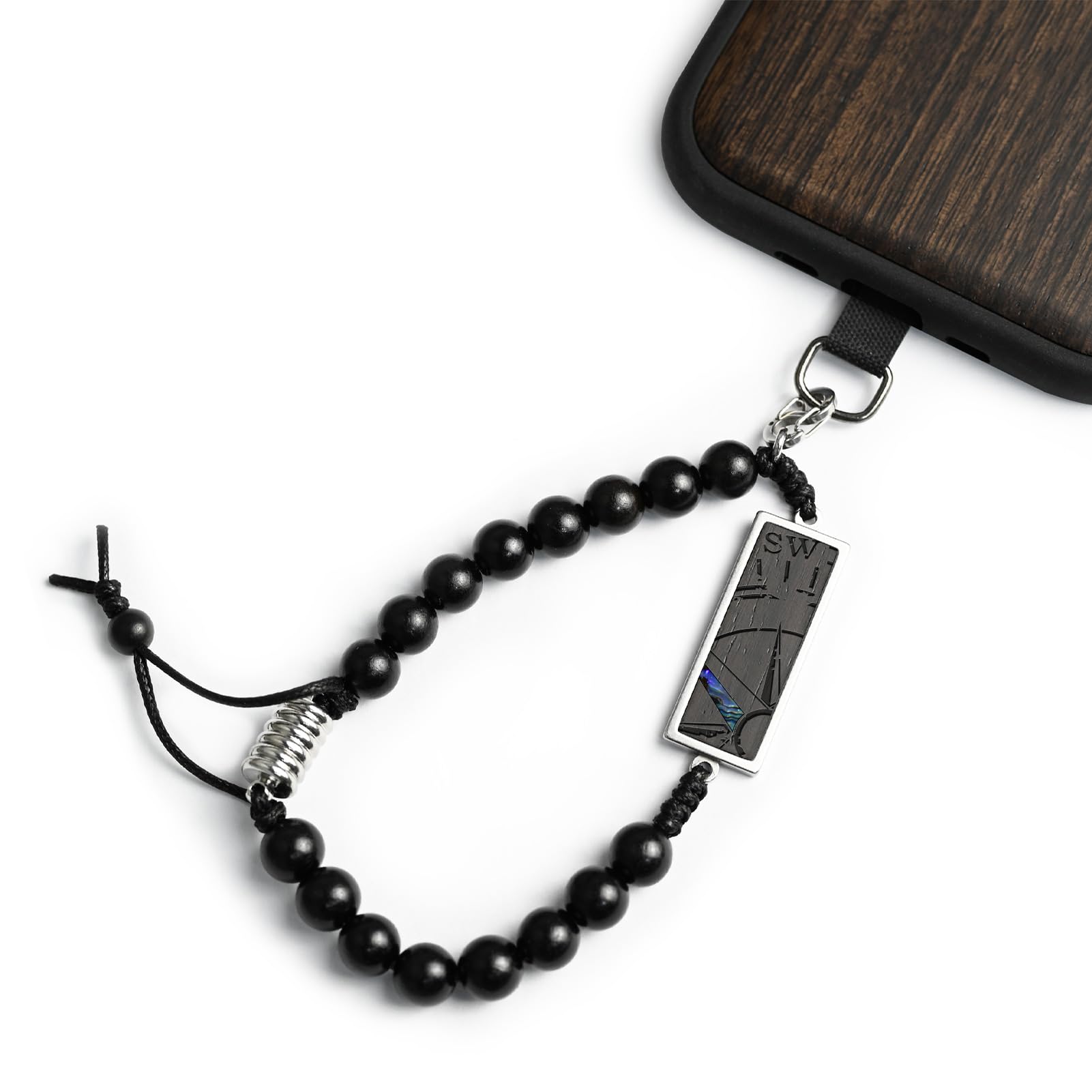 Carveit Wood Phone Lanyard, Artisanal Shell Inlaid Wristlet [Bar-The Incomplete Compass], Multipurpose Wooden Strap, Aesthetic Handcrafted Phone Accessory [9.5 Inch Large] - Onyx The Incomplete Compass-onyx 9.5" (Fits 8.0"-8.7" Wrist)