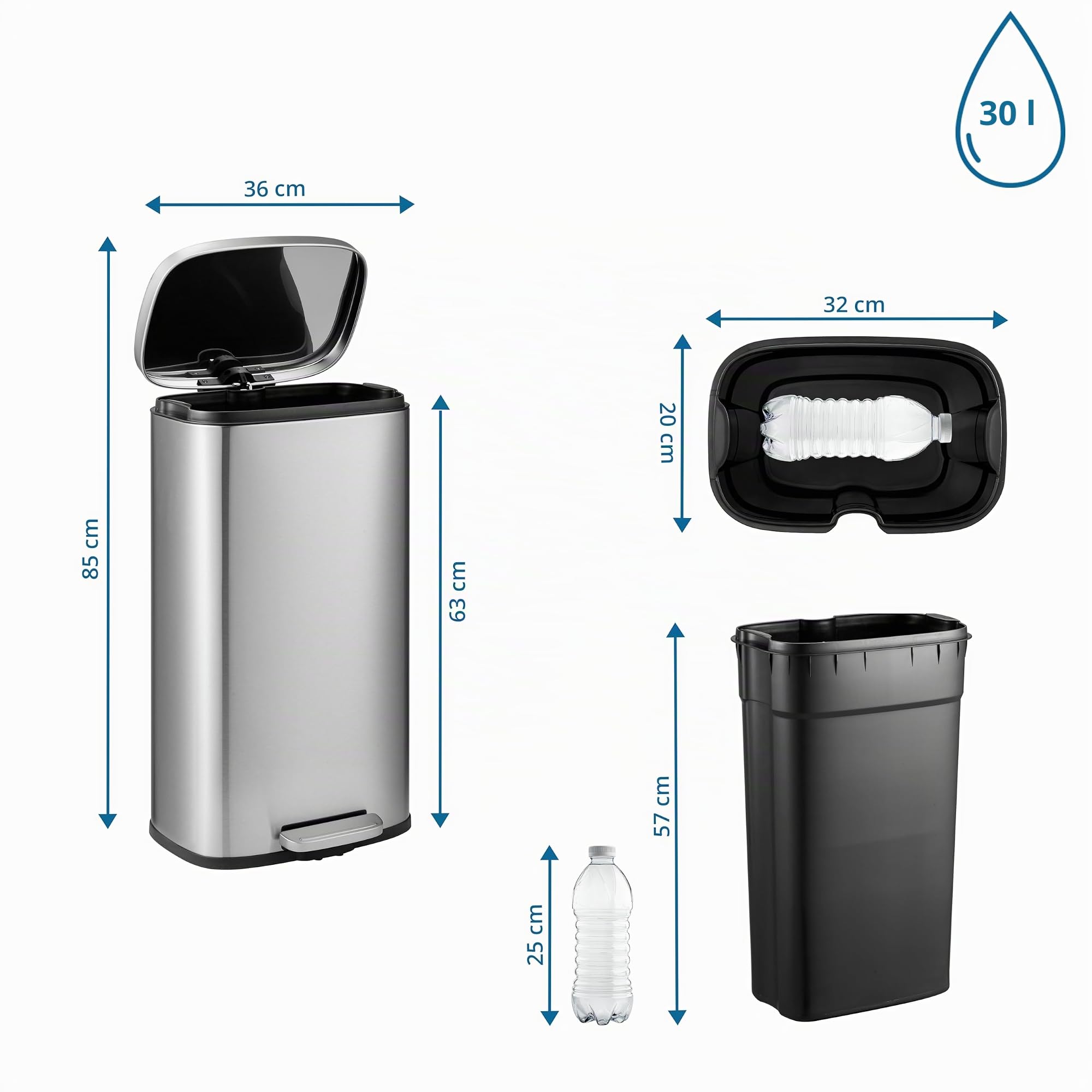 hjh OFFICE Mülleimer 30L Clean | Rechteckiger Abfallsammler aus Edelstahl, Hygienisch & Luftdicht Schließend, Fingerabdrucksicher, Satin-Finish, Ideal für den Innenbereich