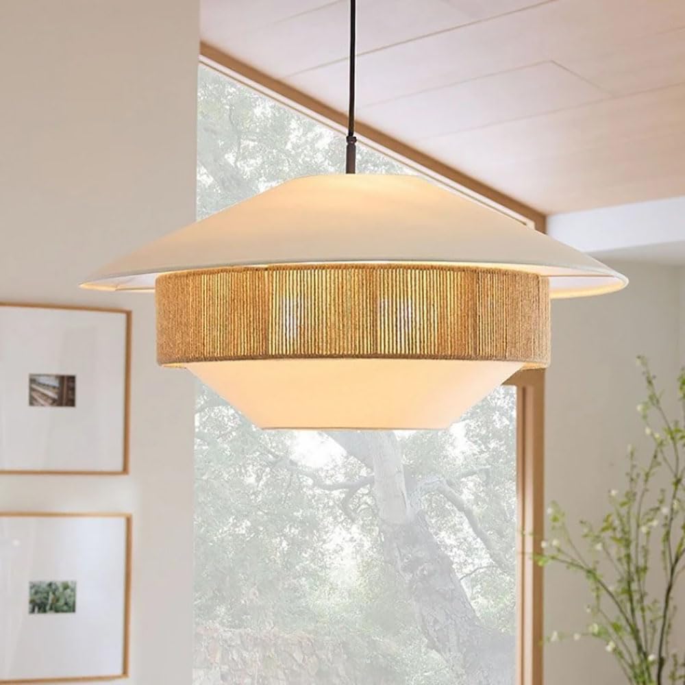 XQIDIANAA White Vintage Japanese Wabi-sabi Pendant Light Hemp Rope Nordic Living Room Dining Room Bedroom Hand-Woven Chandelier Lighting Fixture
