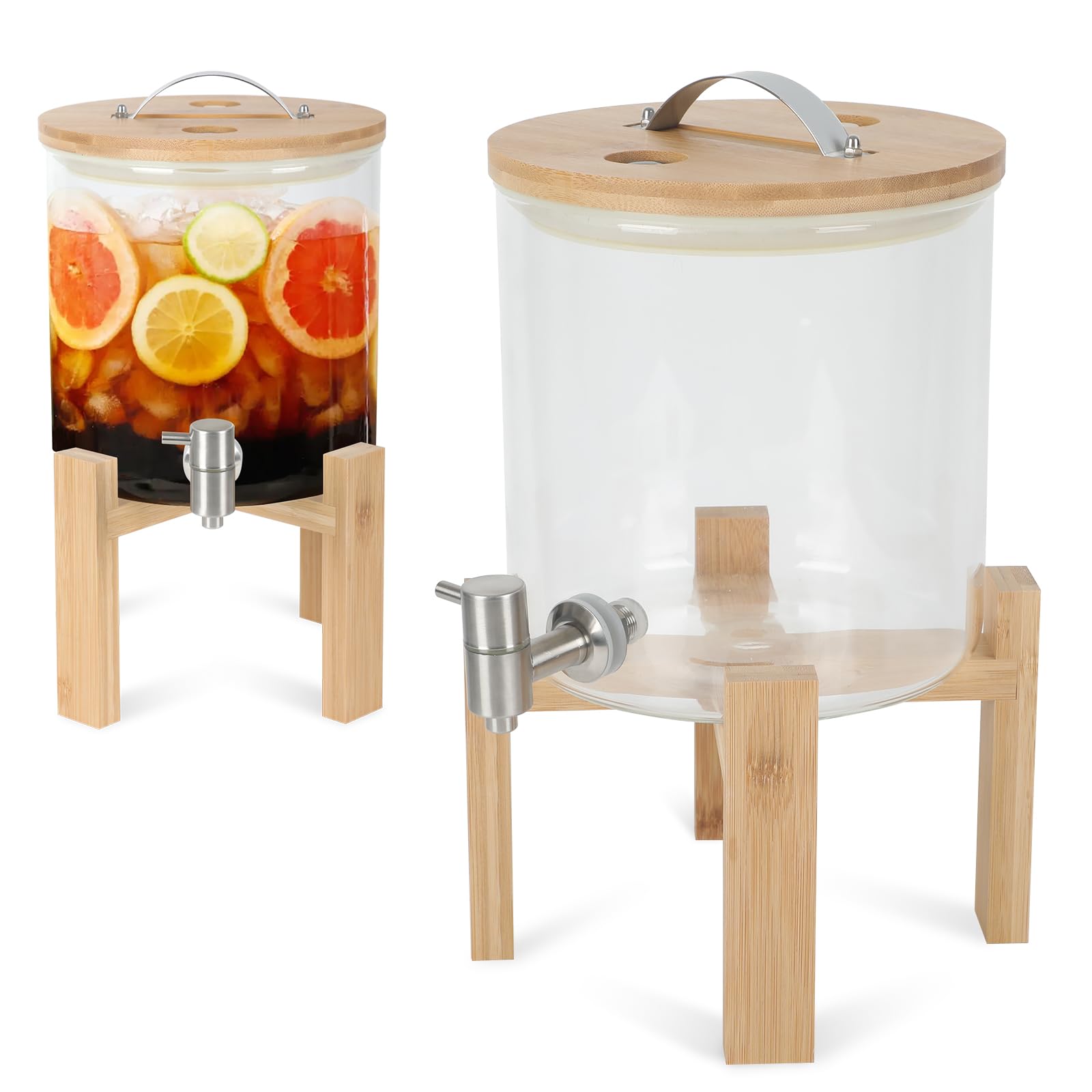 Dispenser per Bevande in Vetro da 5L,con Rubinetto a Tenuta Stagna,Bocca Larga,Coperchio e Supporto in Legno,Decanter per Whisky,Dispenser Bevande per Festa,Acqua,Cocktail,Jus,e Bevande Liquori