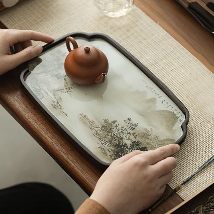 Bandeja para Servir Water Village, Bandeja de té Hecha a Mano, pequeña Bandeja Retro para Tetera Seca de Estilo Chino, Bandeja de Almacenamiento para Accesorios de Juego de té, bandejas para Comer en