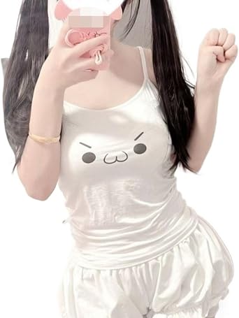 Pokn Kawaii Cute Kaomoji Tank Tops Y2k Printed Sleeveless Round Neck Crop Top Shoujo Clothes Cutecore