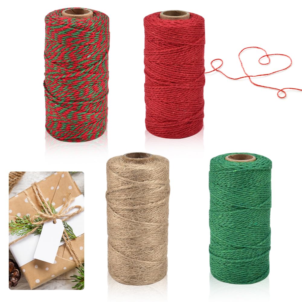 wynott 1312 Feet Christmas Twine 2mm Red and Green String Twine Jute String Twine Christmas Wrapping Rope Cord Cotton Twine Rolls Gardening Twine Gift Packaging Rope for Xmas DIY Crafts Handmade Arts