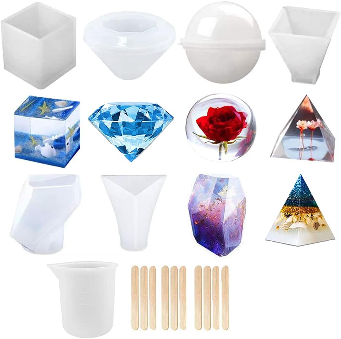 Resin Casting Molds,Silicone Epoxy Resin Mold for DIY Jewelry/Candle/Soap Making and Crafting, with Silicone Measurement Cup& Wood Sticks