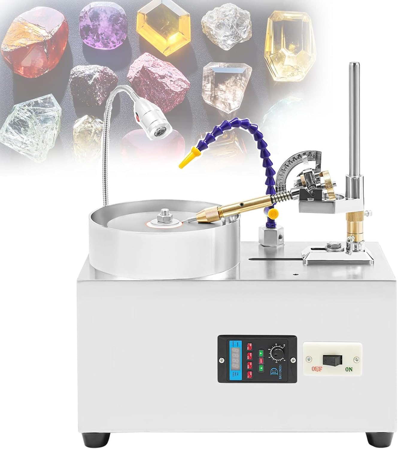 Multifunctional Jade Polishing Machine, Gem Faceting Machine, 180W Motor, Quiet Bearings, 80 Nm Torque, Stepless Speed Control 0-2800 RPM, Illumination, Splash Shield, Mechanical and Digital
