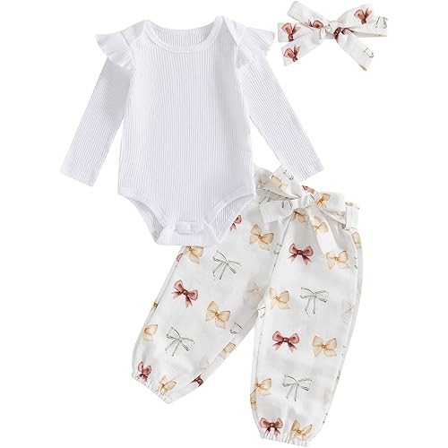 Kaipiclos Newborn Infant Girl Clothes Rib Knit Romper Daisy Print Pants Headband Baby Clothes for Girls 0 3 6 12 18 24 Months