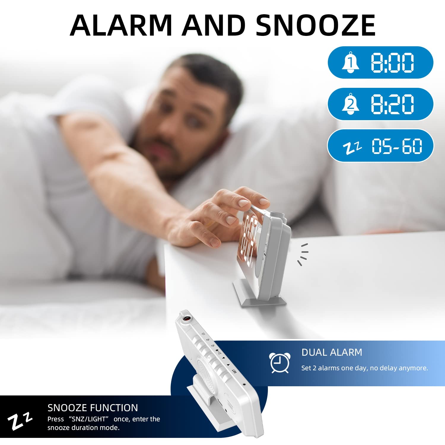 Budzik z projektorem na ścianę, podwójny alarm, drzemka, 12/24 h, port ładowania USB, LED, lustro, wyświetlacz, 4 poziomy jasności, ściemniacz, biało-biały