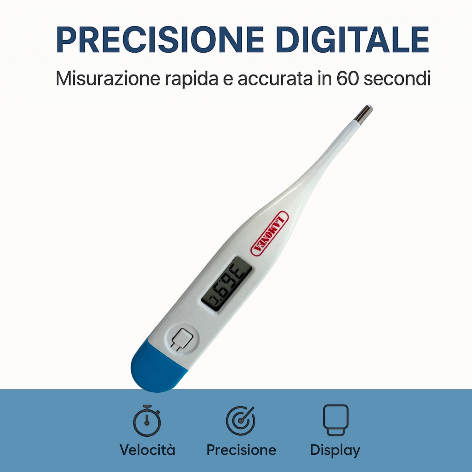 Termometro Digitale, Certificato CE - Impermeabile e Preciso, Misura la Febbre in 60 Secondi, Display LCS e tasto On/Off - Segnale Acustico, Ideale per Adulti e Bambini - MC-101