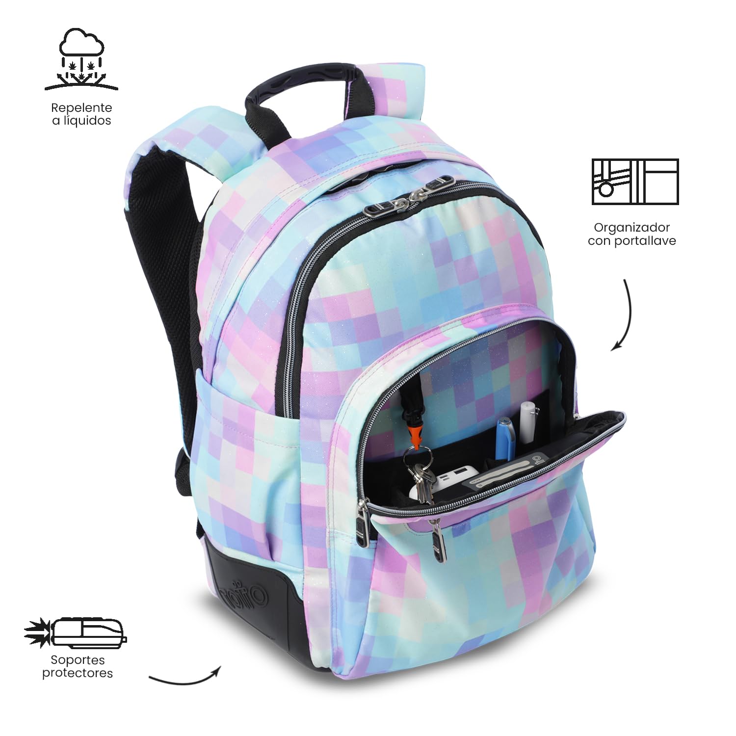 TOTTO - Mochila Escolar Grande, Modelo Rayol Glitter, Capacidad 19 L, 3 Compartimentos, 2 Bolsillos Botella, Bolsillo PC 14", Espaldar Ergonómico con Flujo de Aire, Correas en S, Estampado Pixelly