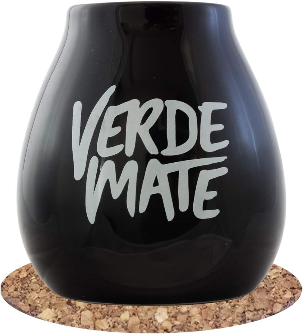 Yerba Mate Tea Black Ceramic Gourd 350ml with Verde Mate Logo + Cork Coaster | Huge Capacity | Stylish Design | Durable Construction | Easy Maintenance | Product of Cebador