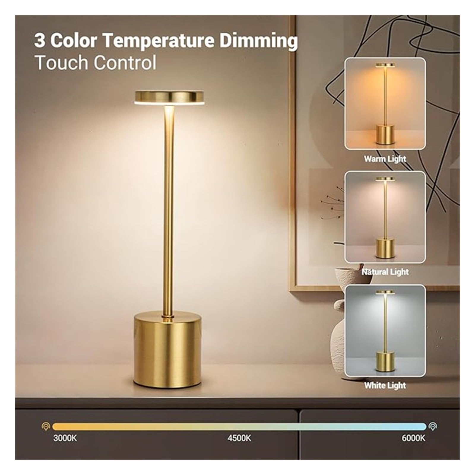 Lámpara de mesa LED Sensor táctil Luz nocturna USB | Dormitorio portátil recargable lectura inalámbrica restaurante hotel bar(Black)