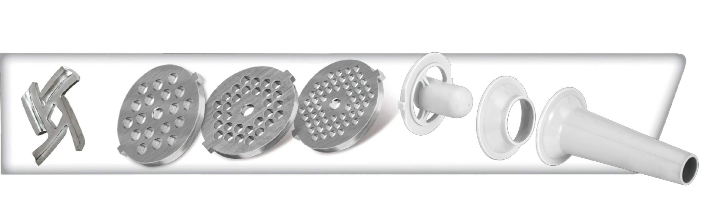 MPM MMM-07M Picadora de Carne eléctrica de Acero Inoxidable, con embutidora de Salchichas, 3 Discos de Corte, Engranaje metálico, función inversa, Accesorios, 1800 W