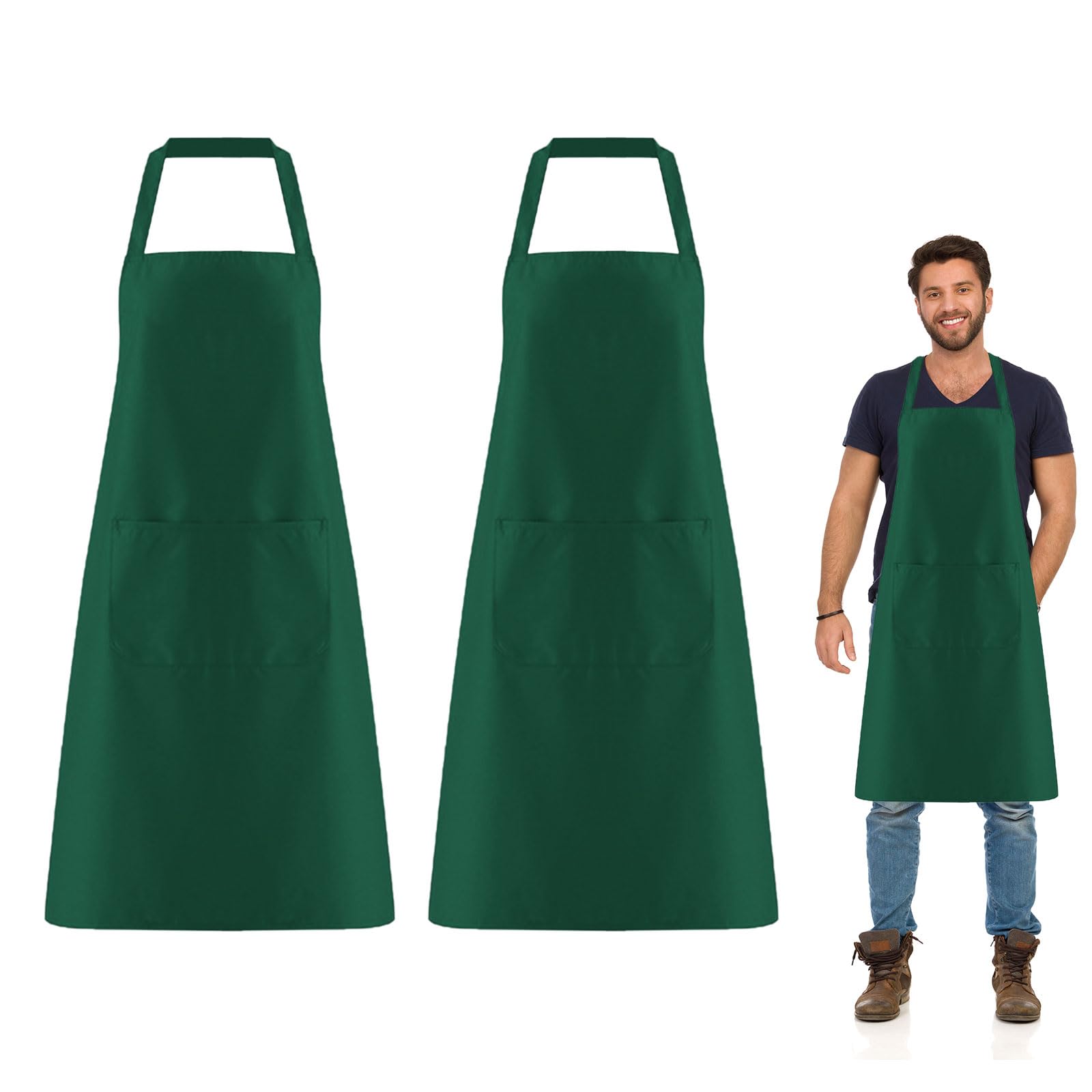 FUIPVGI 2 Pack Chef Apron, Kitchen Apron with 2 Pockets, Professional Work Apron for Cooking, Gardening, Restaurant, Barbecue, Waiter, Artist (Green)