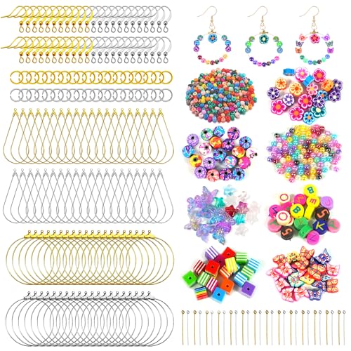 Earring Making Kit with 940 PCS Beading Hoop Earring Finding Component Accessories Hooks Jump Rings Loop Earring Backs Beads and Charms for Jewelry Making Earring DIY Craft