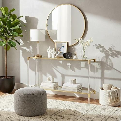 Miniatura 4 de Mesa consola de 2 niveles, mesa de cristal transparente estrecha con patas acrílicas y marco cromado dorado, pasillo o sofá