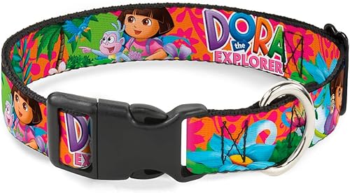 Collar de perro con clip de plástico Dora The Explorer Dora Poses Floral Collage Naranja Rosa de 16 a 23 pulgadas 1.5 pulgadas de ancho