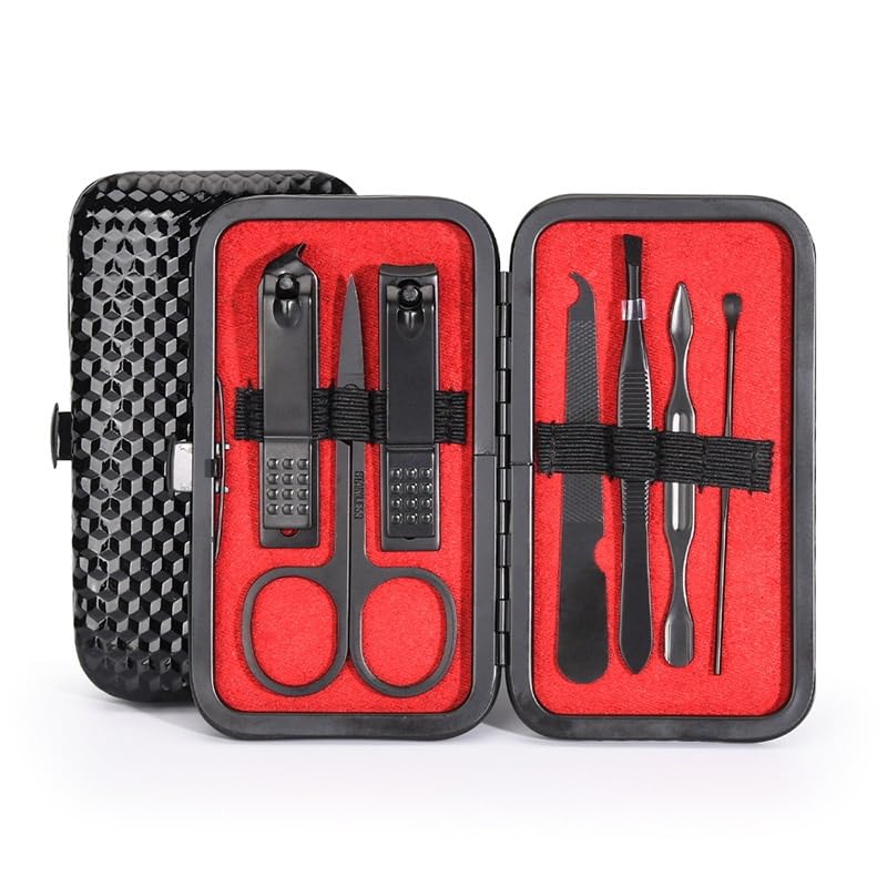 Black Checkered PU Leather Bag Nail Clipper Seven Piece Set Manicure Set Style 1