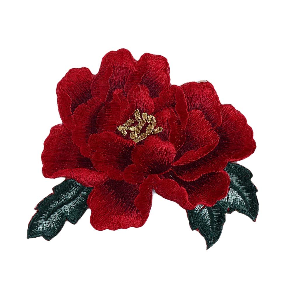Leadigol Sew on Peony Floral Patches, Sew Iron on Floral Applique, Peony Rose Embroidered Flower Patches, Embroidered Flower Appliques for DIY Clothing, Jackets(Red)
