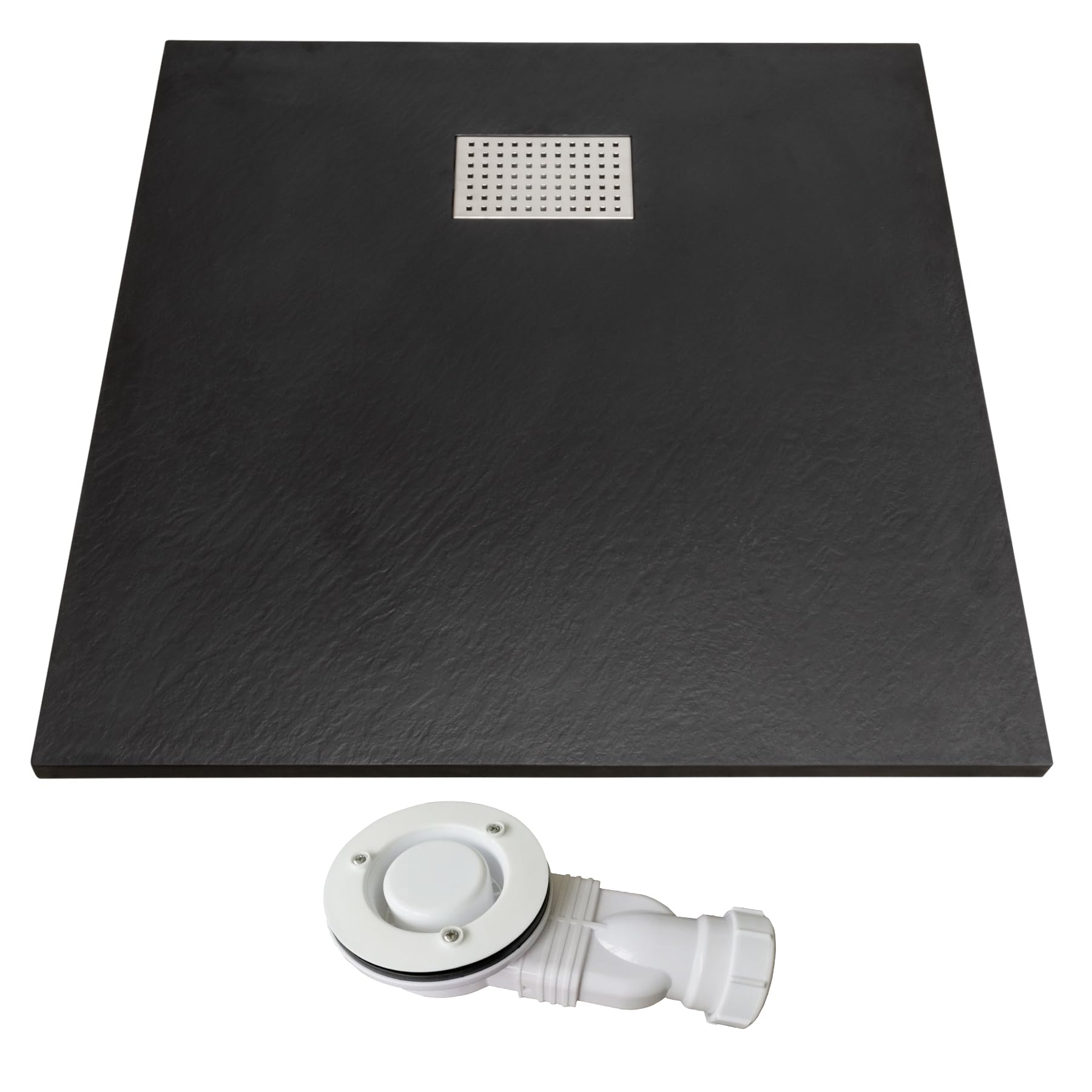 Thermopanel SMC Black Shower Trays Base Slate Stone Effect Textured Non Slip with Low Profile Waste and Stainless Steel Cover - 1600 x 900mm