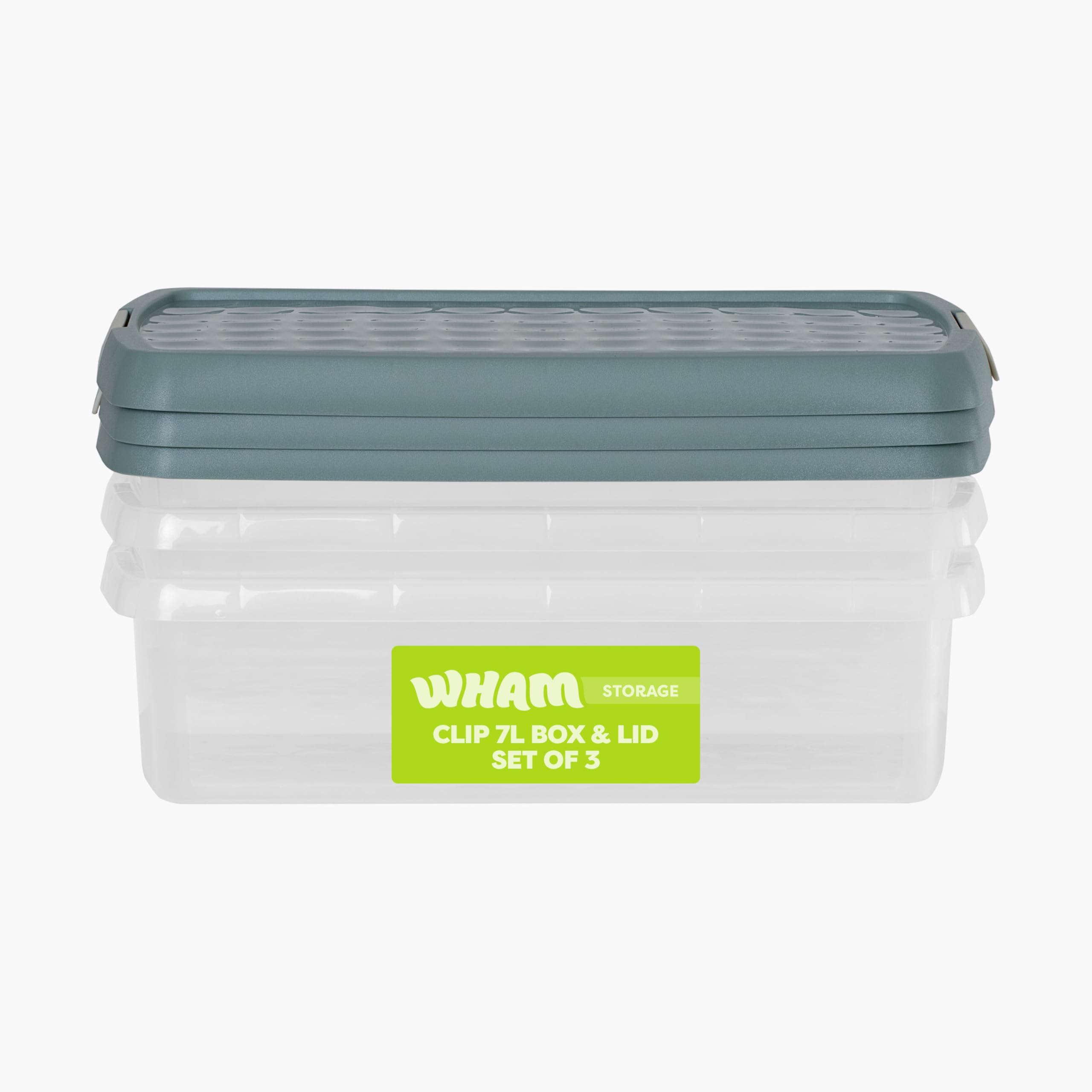 Wham Clip 3 x 7L Rectangular Stackable Plastic Storage Boxes with Lids | Ideal for Home, Office, Toys & More | Storage Containers with Clip Locks | Made in UK - Clear/Green Milieu