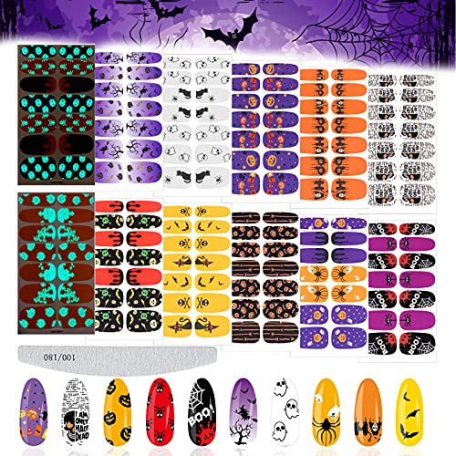 EBANKU 12 Blatt Halloween Nagelsticker Luminous mit Nagelfeile, Selbstklebende Nagelfolie Maniküre Sticker Kürbis für Frauen Mädchen Party Nail Art Dekoration