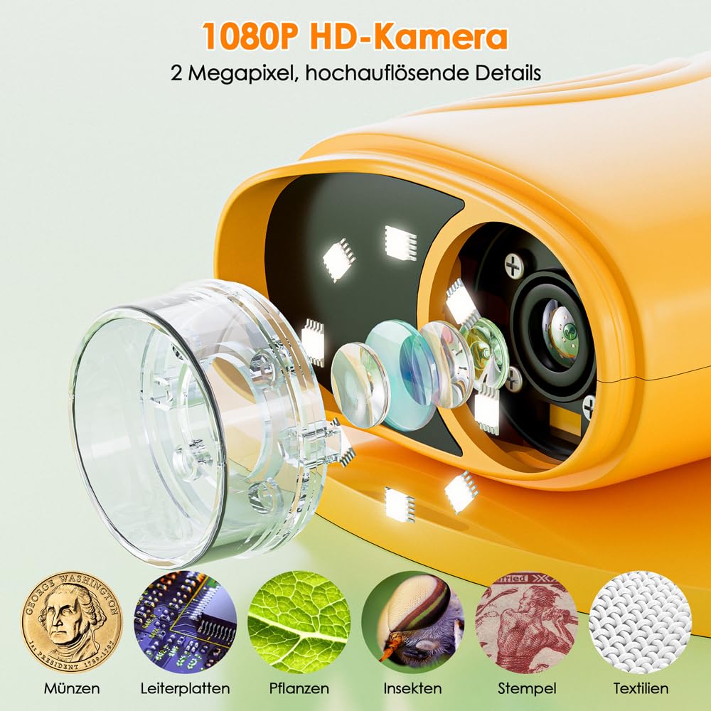 Microscopio per bambini, Temodu Microscopio Digitale da 2.0‘’, Elettronico Portatile 1000X con 8 luci LED Regolabili, può essere utilizzato come regalo di compleanno o di Natale 3 agli