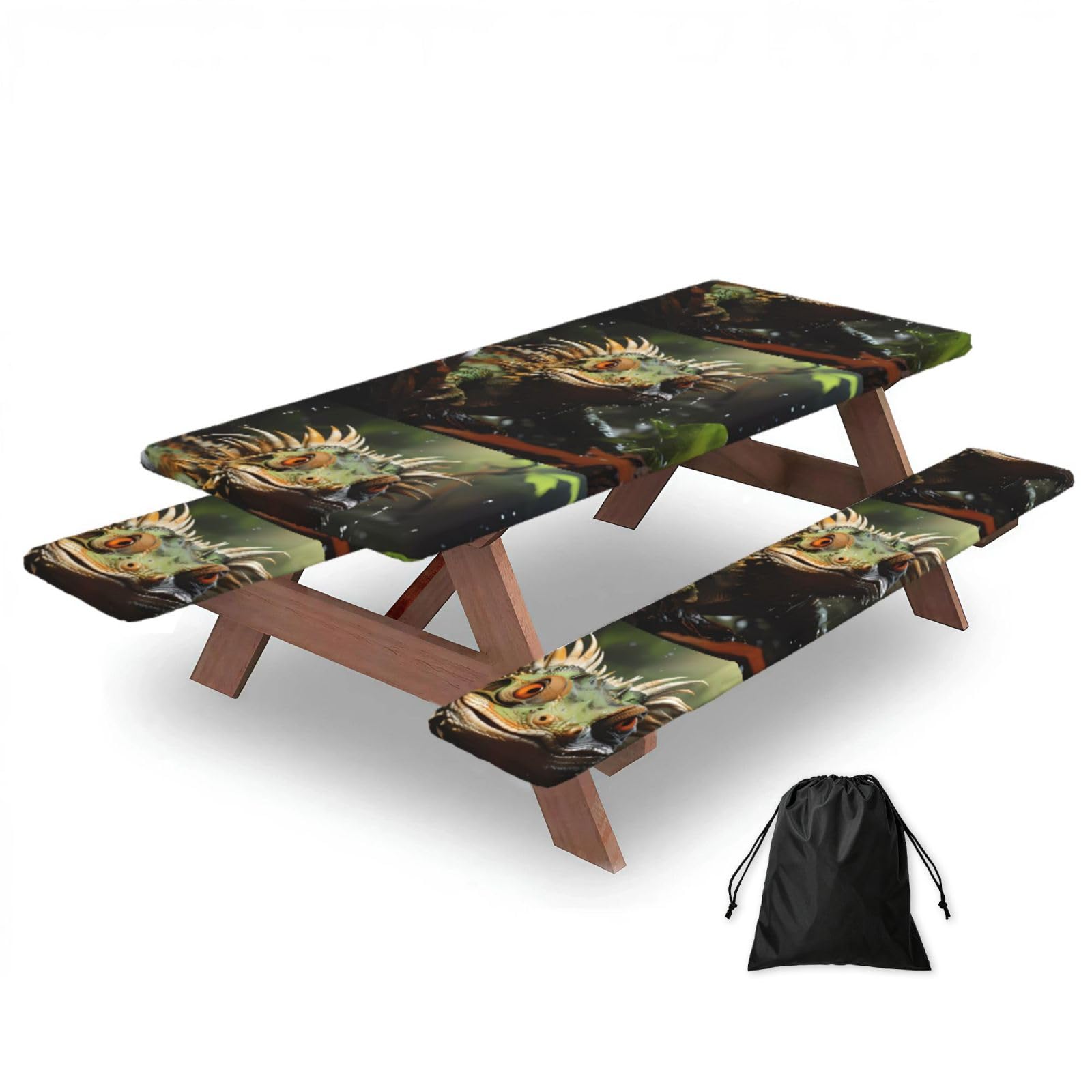 Hhbiuuo Black 72In Camping Table Cover & Bench Covers 3-Pack Set, Spiny Lizards Print Tablecloths, For Rectangle Tables Picnic