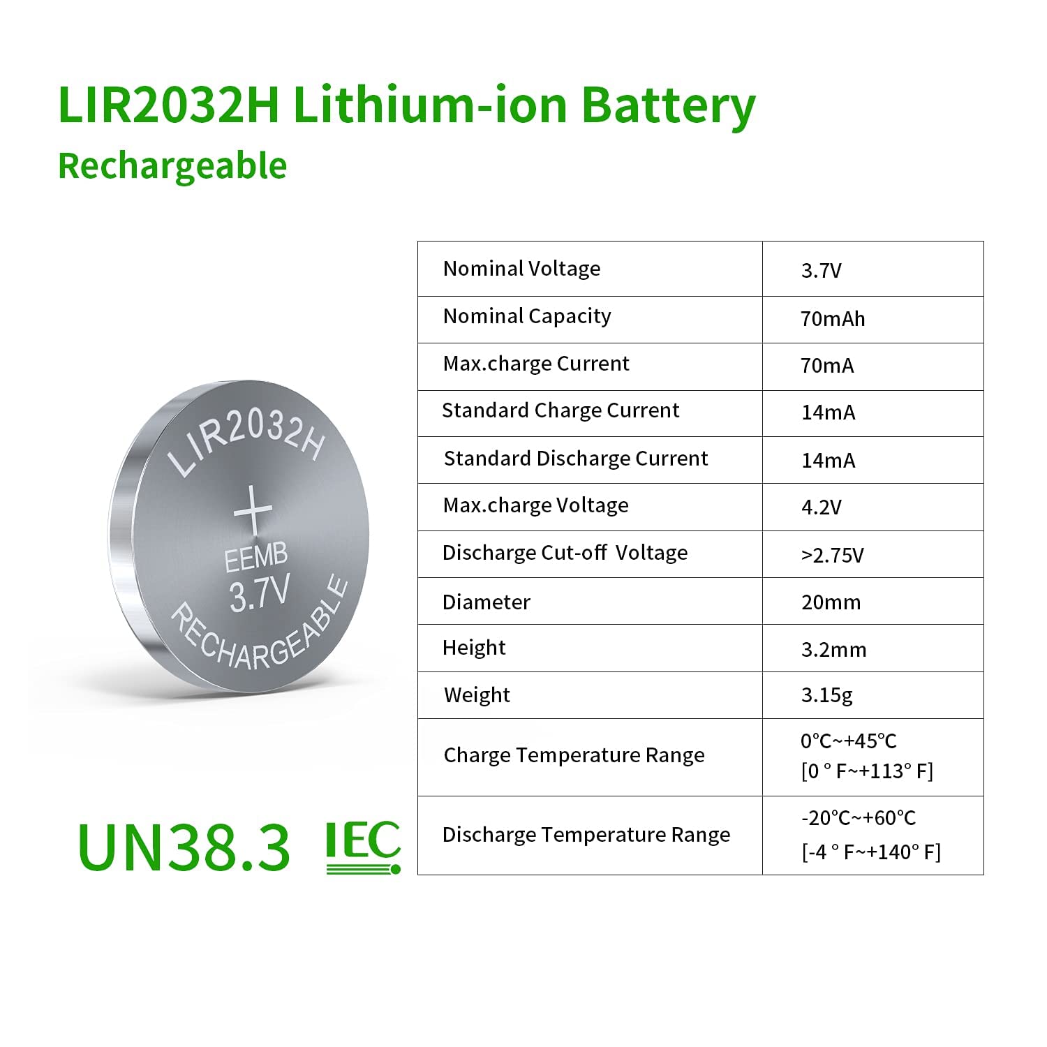 EEMB LIR2032H Ricaricabile 4PCS 3.7V Batterie a Bottone agli Ioni di Litio 70mAh Sostituisce ML2032